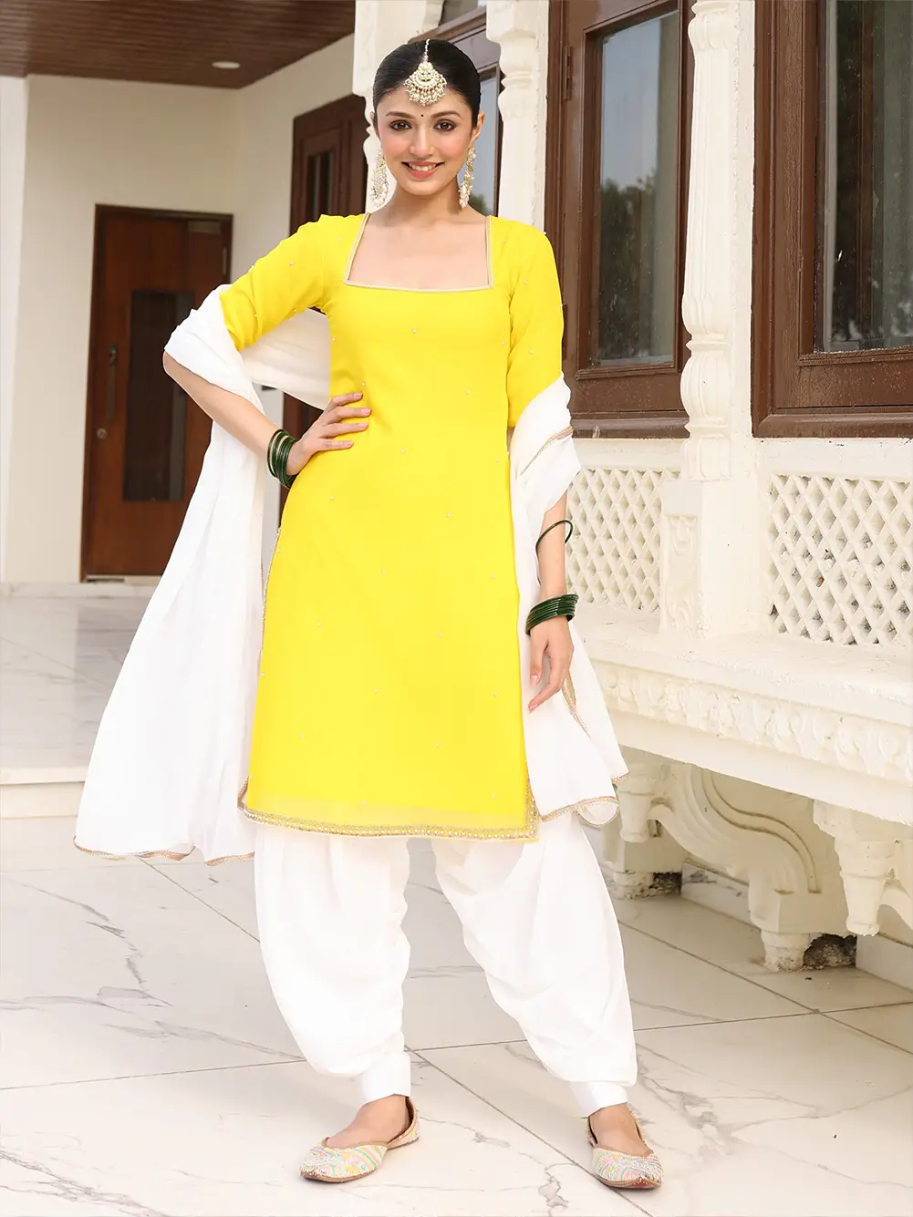 Yellow & White Contrast Patiala Set